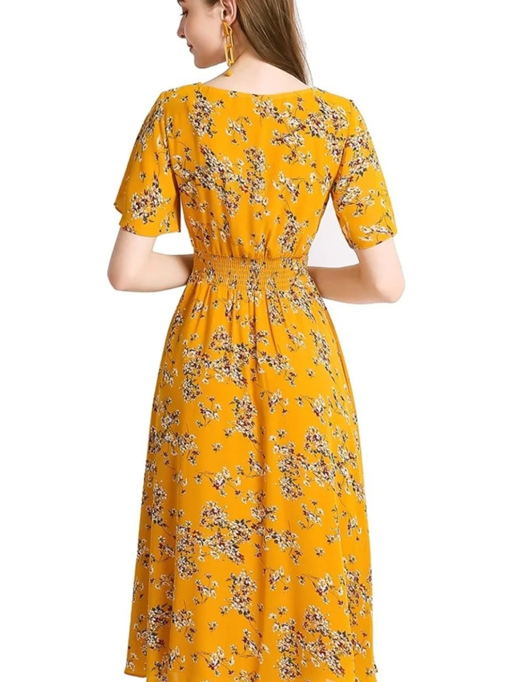 🆕 Floral Mustard Midi Dress with V-Neck and Smocked Waist size 2X NWOT - Picture 4 of 13